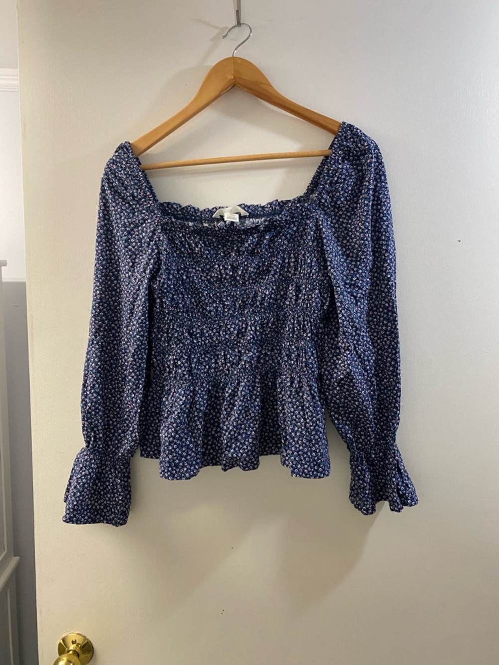 H&M Navy Blue Floral Smocked Peplum Blouse